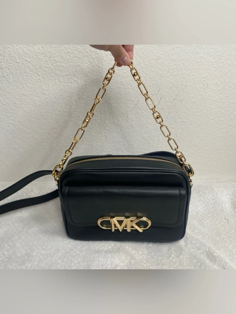 Michael Kors Women's Black Leather Gold Logo Parker Camera Crossbody Bag Classic